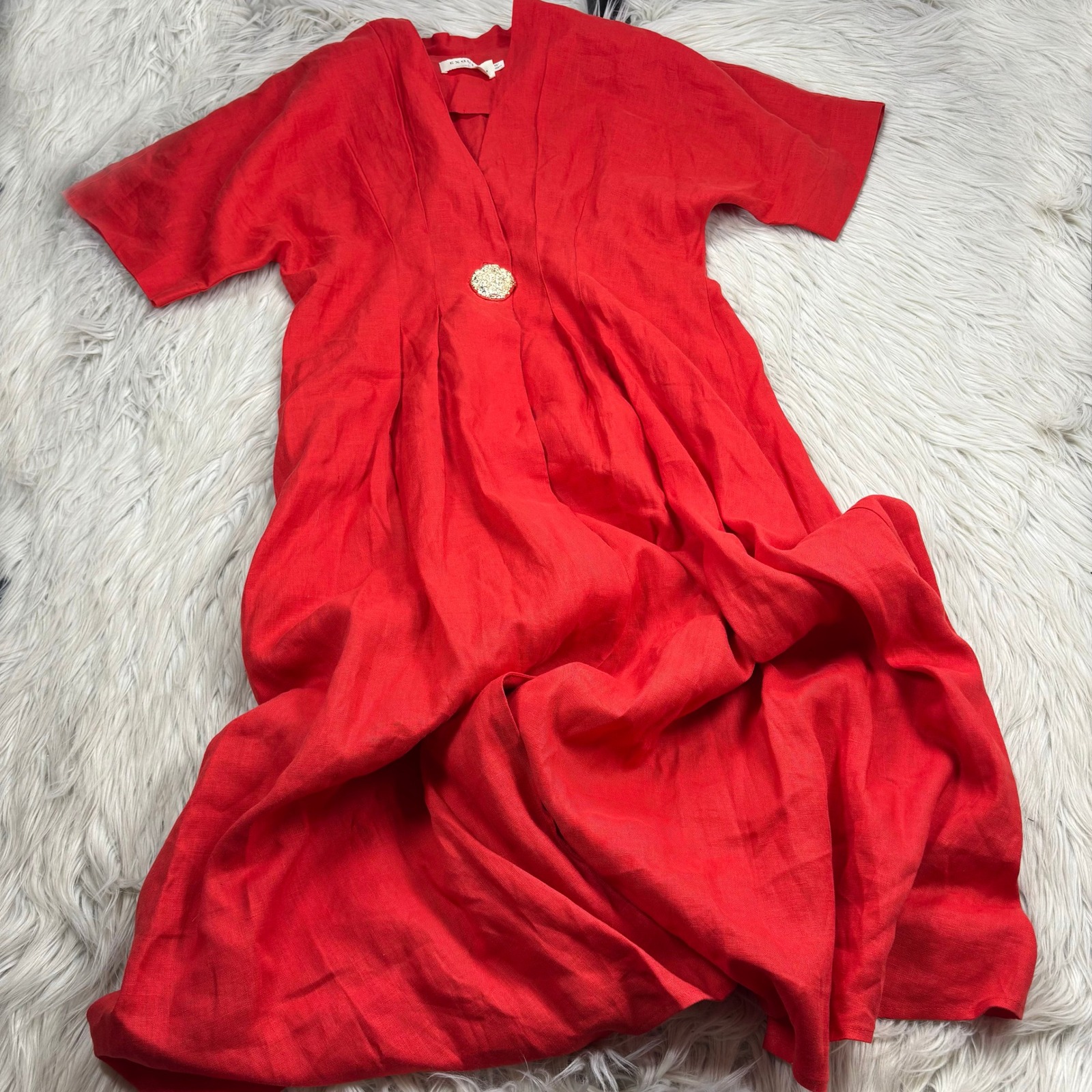 Exquise Kenia Women's L Coral Pleated Midi Shirtdress Anthropologie Linen Boho